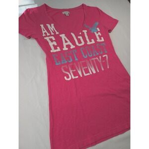 American Eagle Pink Deep V Neck T Shirt Sz Small Eagle Graphic Y2K Casual Tee